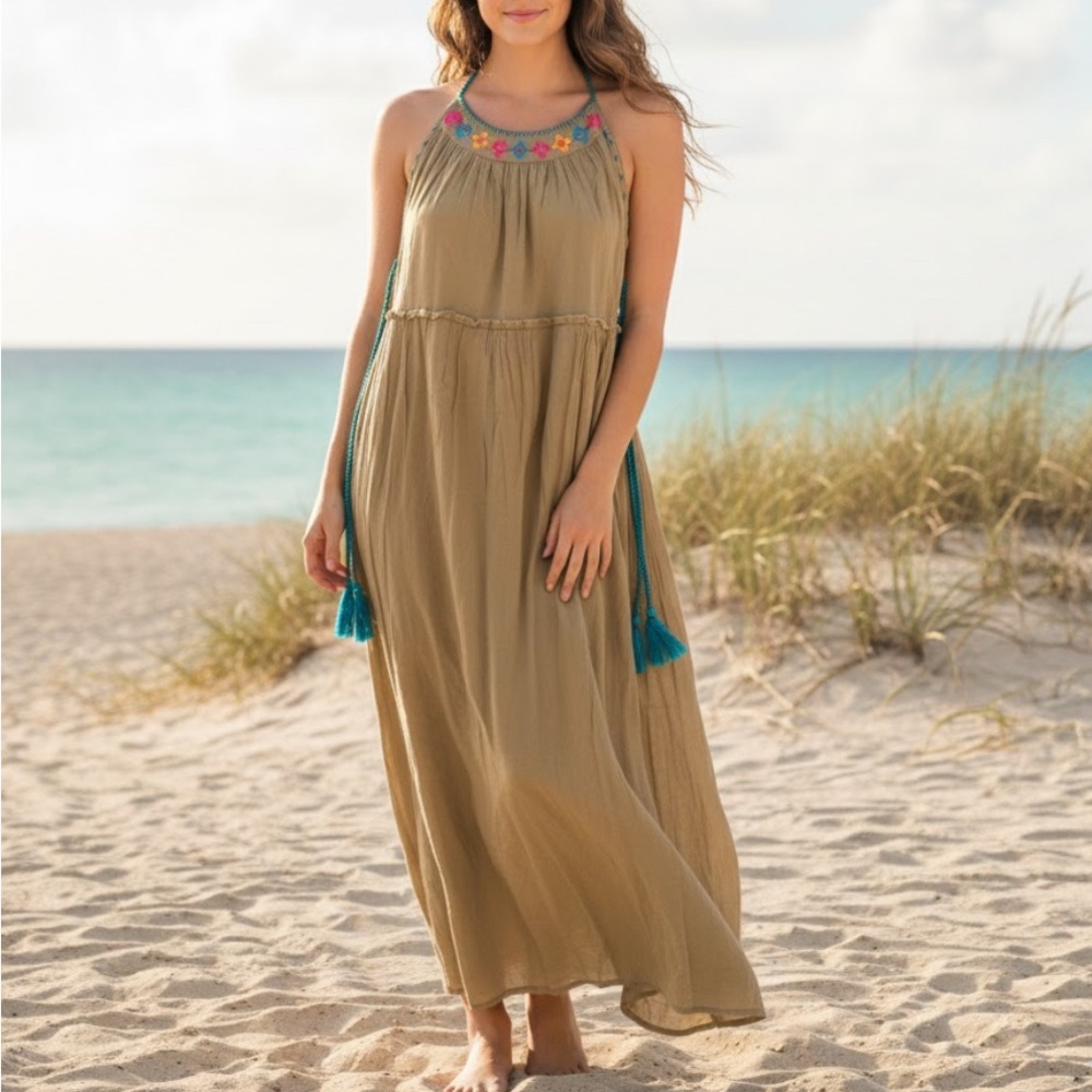 Sand & Spirit XL Boho Embroidered Halter Neck Cotton Maxi Dress Beach Cover-up